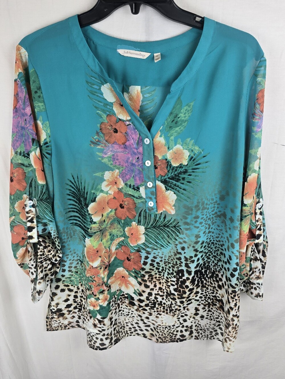 Soft Surroundings Teal Tropical Floral Leopard Print Roll Tab Sleeve Tunic Sz PL